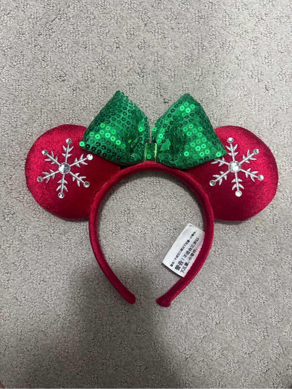Red Holiday Minnie-Style Ear Headband with Green Sequin Bow from Disneyland